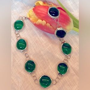 Artist made silver wrapped emerald green glass necklace